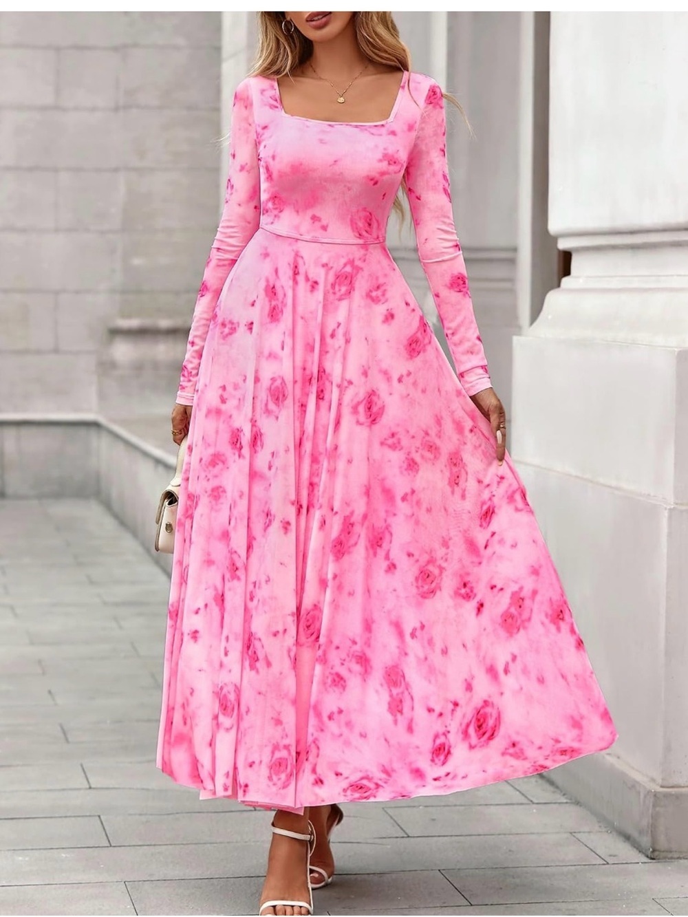 NWT Romantic Pink Floral Square-Neck Maxi Dress, Medium